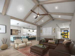 Living room featuring beam ceiling, high vaulted ceiling, light hardwood / wood-style flooring, and ceiling fan