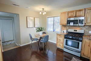 Kitchen featuring decorative backsplash, appliances with stainless steel finishes, dark wood-type flooring, light brown cabinets, and a chandelier