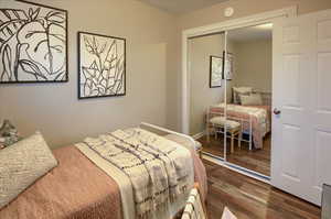 Bedroom with dark hardwood / wood-style flooring and a closet