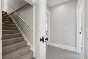 Staircase featuring carpet flooring