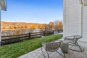 View of patio featuring a mountain view