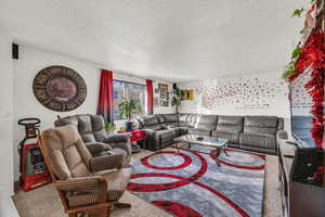 Carpeted living room with a textured ceiling