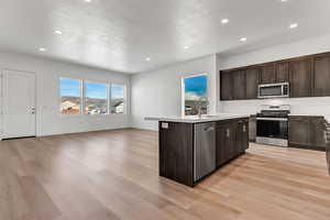 Kitchen with dark brown cabinets, stainless steel appliances, light hardwood / wood-style flooring, and a center island with sink