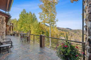 View of patio with a mountain view