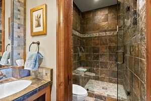 Bathroom with sink, an enclosed shower, and toilet