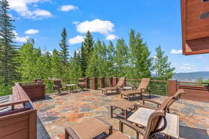 View of patio with a mountain view