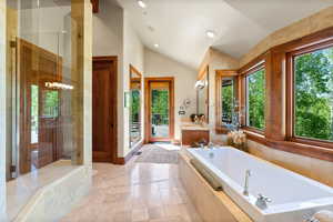 Bathroom with vanity, a healthy amount of sunlight, shower with separate bathtub, and vaulted ceiling