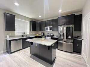 Kitchen featuring sink, a center island, a kitchen breakfast bar, light hardwood / wood-style flooring, and appliances with stainless steel finishes