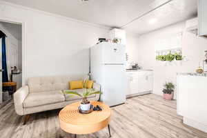 Living room featuring light wood-type flooring, an AC wall unit, and crown molding