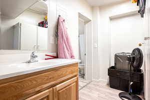 Bathroom with vanity, toilet, and wood-type flooring