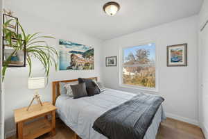 Bedroom with dark wood-type flooring