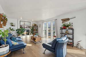 Living room with light hardwood / wood-style floors and a fireplace