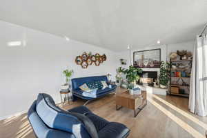 Living room with light hardwood / wood-style floors and a fireplace