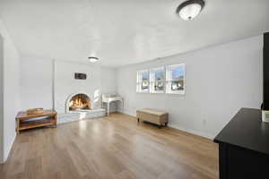 Sitting room with a fireplace, light hardwood / wood-style floors, and a textured ceiling