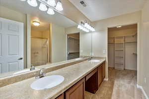 Bathroom with a textured ceiling, vanity, and walk in shower