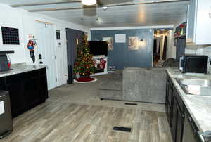 Kitchen with sink, light hardwood / wood-style floors, and ornamental molding