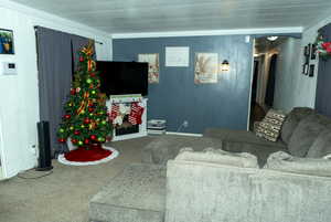 Carpeted living room featuring crown molding