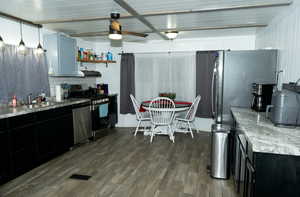 Kitchen featuring ceiling fan, sink, hanging light fixtures, dark hardwood / wood-style flooring, and appliances with stainless steel finishes