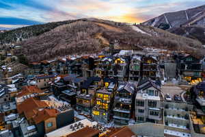 Aerial view at dusk with a mountain view