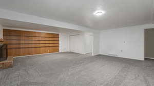 Basement featuring carpet, a fireplace, and a textured ceiling