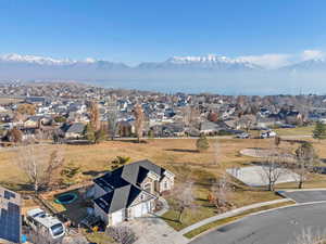 Bird's eye view with a mountain view and lake view