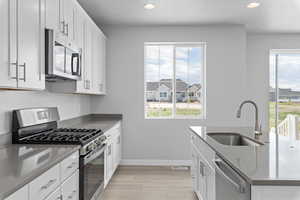 Kitchen with sink, white cabinets, plenty of natural light, and appliances with stainless steel finishes