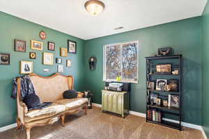 Living area with carpet floors