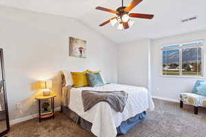 Carpeted bedroom featuring ceiling fan and vaulted ceiling