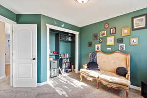 Sitting room with carpet flooring