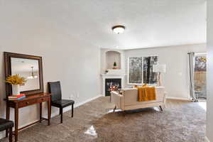 Carpeted living room featuring a textured ceiling, an inviting chandelier, and a wealth of natural light