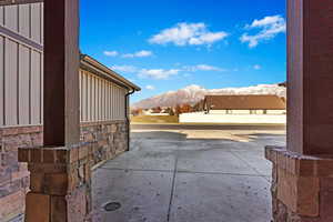 View of patio / terrace featuring a mountain view