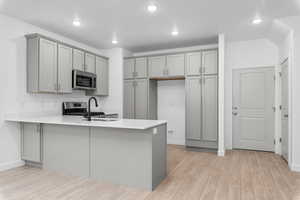 Kitchen featuring kitchen peninsula, light hardwood / wood-style flooring, gray cabinets, and stainless steel appliances