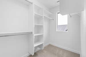 Spacious closet with light colored carpet