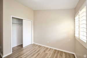 Unfurnished bedroom featuring a closet, light hardwood / wood-style floors, and multiple windows