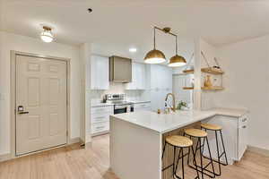 Kitchen featuring white cabinetry, kitchen peninsula, a kitchen bar, stainless steel range with electric cooktop, and light wood-type flooring