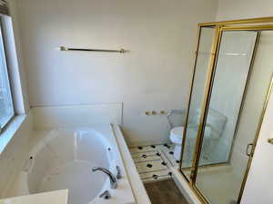 Bathroom with tile patterned flooring, toilet, and plus walk in shower