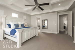 Bedroom with carpet flooring, ensuite bath, ceiling fan, and beam ceiling