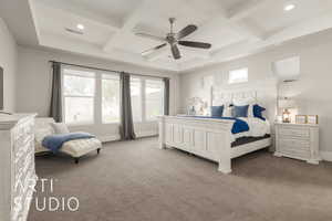 Bedroom with ceiling fan, beam ceiling, light carpet, and coffered ceiling