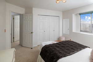 Carpeted bedroom featuring a closet