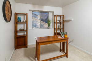 Home office with light carpet