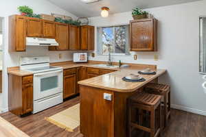 Kitchen with kitchen peninsula, dark hardwood / wood-style flooring, a breakfast bar, sink, and electric stove