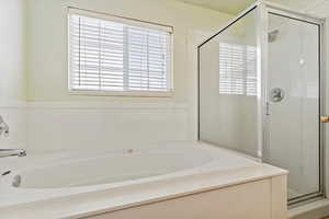 Bathroom featuring shower with separate bathtub