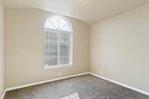 Bedroom with carpet and lofted ceiling