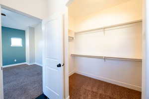 Spacious closet featuring dark carpet