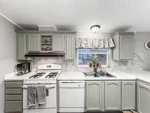 Kitchen with white appliances, ventilation hood, backsplash, and sink