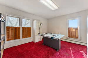 Rec room with dark colored carpet and baseboard heating