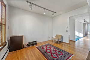 Sitting room featuring hardwood / wood-style flooring, plenty of natural light, rail lighting, and a baseboard radiator