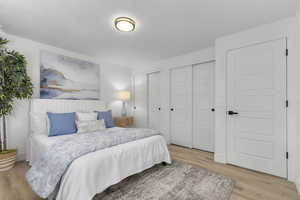 Bedroom featuring light hardwood / wood-style floors and multiple closets