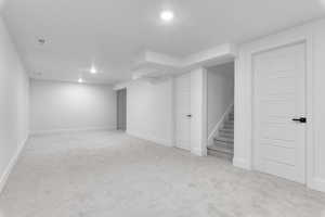 Basement with light colored carpet