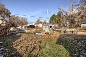 View of yard with a storage shed